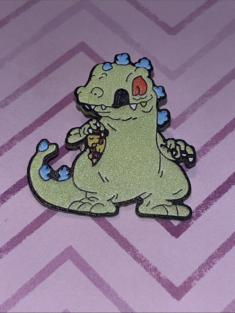 Rugrats Reptile Dino Acrylic Pin Green Blue Red Eating Pizza